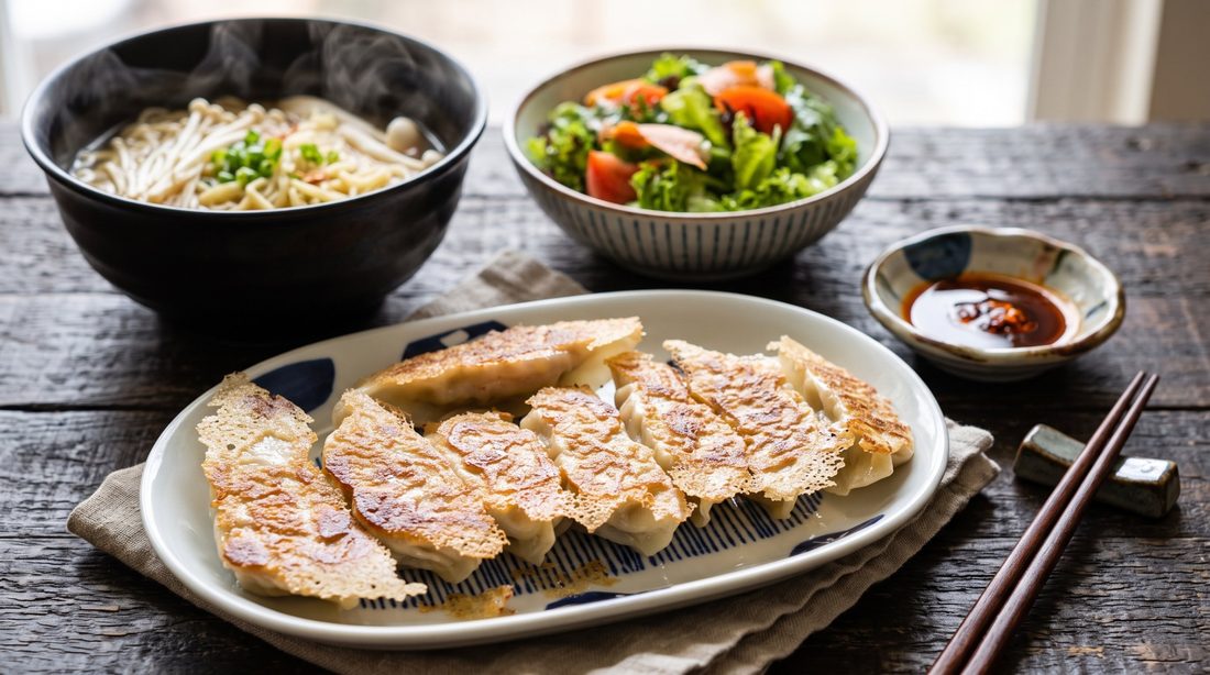 Raviolis grillés, nouilles et salade